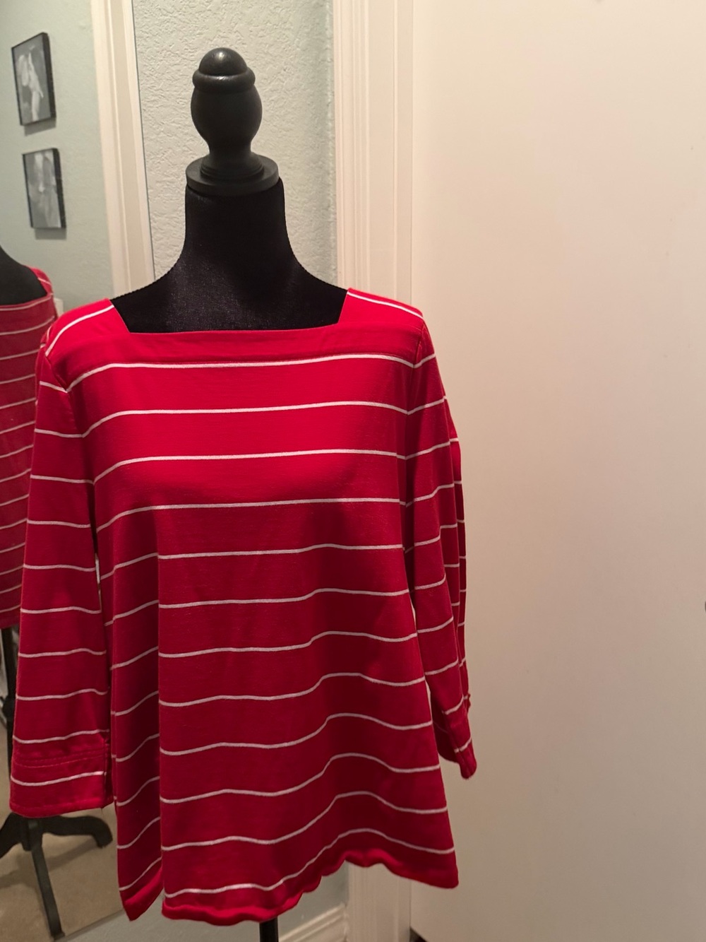 Talbots Red and White Striped Square-Neck Long Sleeve Top